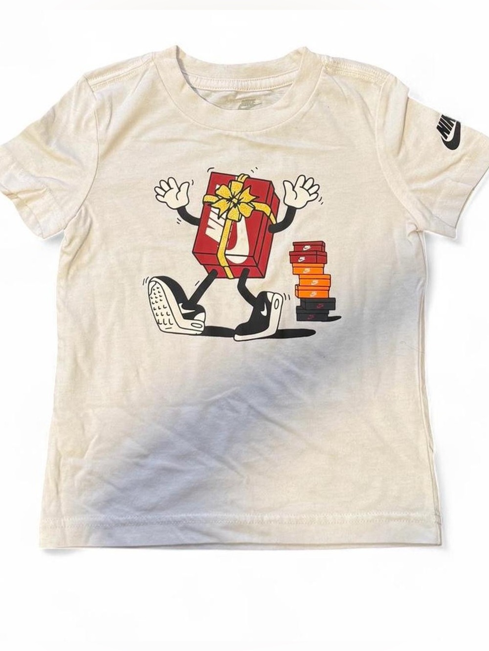 Nike Kids White Graphic Gift-Box Tee with Red & Yellow Print